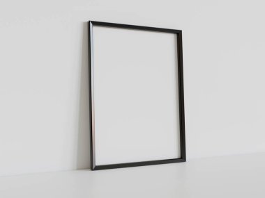 Siyah dikdörtgen çerçeve, iç modelin beyaz zeminine dayanıyor. 3 boyutlu bir resimde çerçevelenmiş bir resmin şablonu