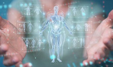 Bulanık arkaplanda, dijital x-ray insan vücut taraması projeksiyonu 3D görüntüleme kullanan bir kadın.