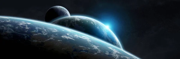 Panoramatické Vesmírné Planety Pozadí Panorama Vzdálené Sluneční Soustavy Kosmu Exoplanetami — Stock fotografie