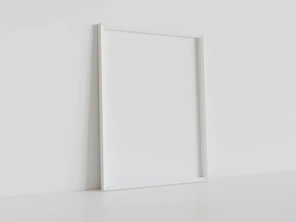 Cadre Rectangulaire Blanc Appuyé Sur Plancher Blanc Dans Maquette Intérieure — Photo