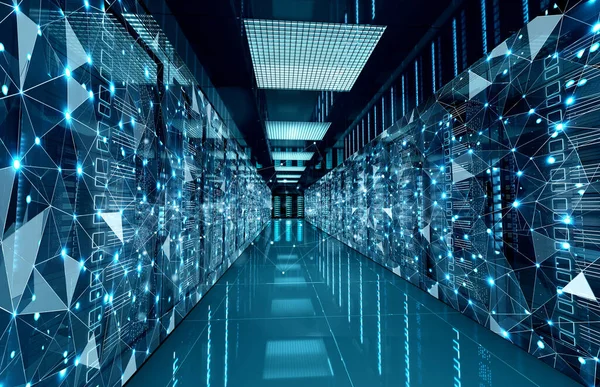 Rede Conexão Servidores Escuros Sistemas Armazenamento Sala Data Center Renderização — Fotografia de Stock