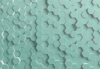 Dokulu metalik yüzeyde yeşil altıgen arka plan deseni. Soyut altıgen bal peteği grafik duvar kağıdı 3D oluşturma