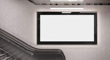 Panoramik 2: 1 yer altı metro duvarında parlayan reklam panosu Mockup. İstasyon duvarına 3 boyutlu reklam istiflemek
