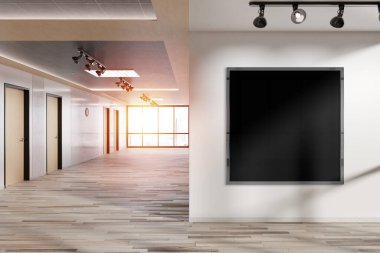 Metalik kare çerçeve ofis duvarında asılı. Modern ahşap ofis içerisindeki 3 boyutlu bir reklam panosunun maketi.