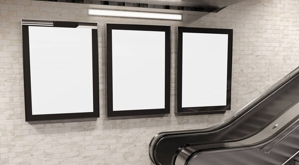 Three vertical billboards on underground wall Mockup. Hoardings advertising triptych on subway wall interior 3D rendering