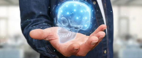 Man Blurred Background Using Digital Ray Skull Holographic Scan Projection — Stock Photo, Image