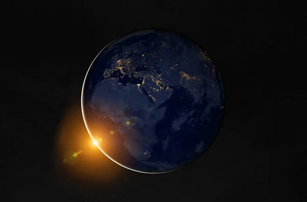 Vista Planeta Azul Terra Noite Com Luzes Cidades Europa África — Fotografia de Stock
