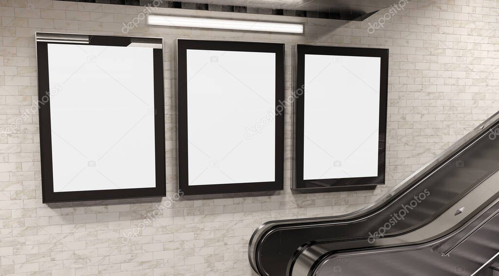 Three vertical billboards on underground wall Mockup. Hoardings advertising triptych on subway wall interior 3D rendering