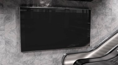 Metrodaki metro duvarında panoramik 2: 1 reklam panosu Mockup. İstasyon duvarına 3 boyutlu reklam istiflemek