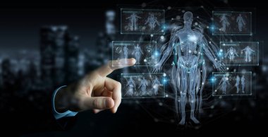 İnsan eli bulanık arkaplanda dijital x-ray insan vücudu holografik tarama projeksiyonu 3D
