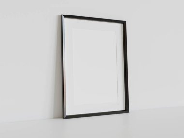 Siyah dikdörtgen çerçeve, iç modelin beyaz zeminine dayanıyor. 3 boyutlu bir resimde çerçevelenmiş bir resmin şablonu