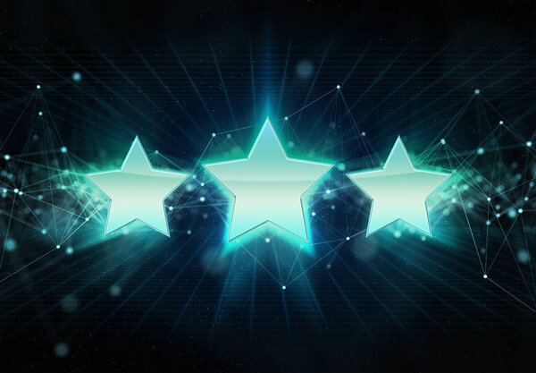 Digital stars holographic icon bursting into blue and green neon light and digital connection 3D rendering