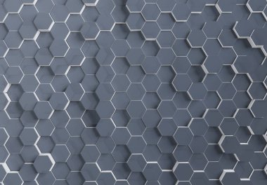 Metalik yüzeyde gri altıgenler var. Soyut altıgen bal peteği grafik duvar kağıdı 3D oluşturma