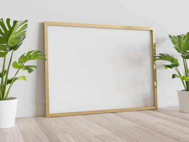 Altın çerçeveli iç döşeme, bitkilerin maketi ile döşenmiş. 3 boyutlu bir resimde çerçevelenmiş bir resmin şablonu