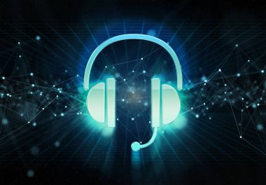 İletişim neon tüpleri simgesi, mavi ve pembe parlayan 3D renkle tuğla bir duvarı aydınlatıyor.