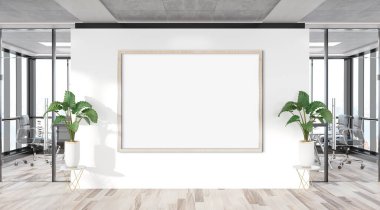 Ofis duvarında asılı siyah yatay çerçeve. Modern ahşap şirket iç mekanı 3D bir reklam panosunun kopyası.