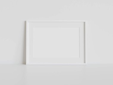Beyaz dikdörtgen çerçeve, iç modelin beyaz zeminine dayanıyor. 3 boyutlu bir resimde çerçevelenmiş bir resmin şablonu