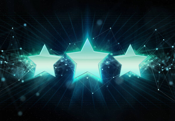 Digital stars holographic icon bursting into blue and green neon light and digital connection 3D rendering