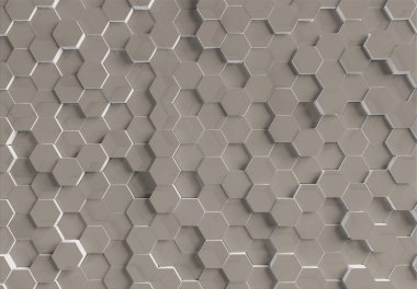 Metalik yüzeyde gri altıgenler var. Soyut altıgen bal peteği grafik duvar kağıdı 3D oluşturma