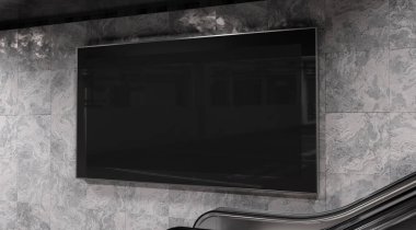 Metrodaki metro duvarında panoramik 2: 1 reklam panosu Mockup. İstasyon duvarına 3 boyutlu reklam istiflemek