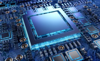 Devre, renkli ışıklar ve 3D görüntüleme ile modern bir GPU kartının yakın görüntüsü