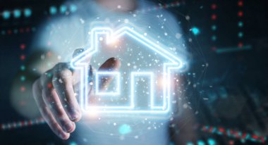 Gayri menkul dijital neon arayüzü kullanan koyu arkaplan üzerindeki adam 3D görüntüleme