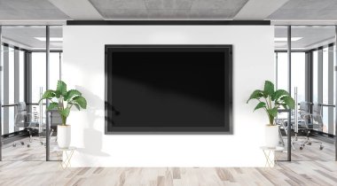 Ofis duvarında asılı siyah yatay çerçeve. Modern ahşap şirket iç mekanı 3D bir reklam panosunun kopyası.