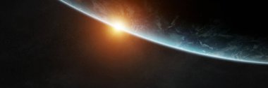 Panoramik gezegen Dünya arka planı. Güneşin doğuşu sırasındaki uzay manzarası NASA tarafından desteklenen bu görüntünün 3 boyutlu görüntüleme elementleri