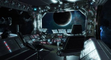 Uzay gemisi grunge iç kontrol odası, NASA tarafından döşenmiş bu görüntünün 3 boyutlu görüntüsü ve koltukları var.