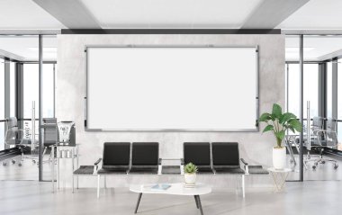 Panoramik çerçeve, ofis bekleme odasında asılı duruyor. Modern beton döşemeli bir reklam panosunun şablonu