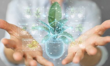 Arka planda bulanık duran ve dijital analizi 3D olan bir bitkinin holografik yansımasına dokunan kadın.