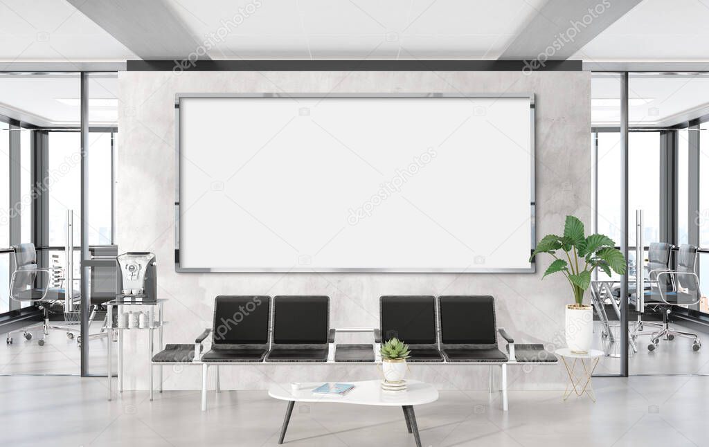 Panoramic frame Mockup hanging in office waiting room. Template of a billboard in modern concrete interior 3D rendering