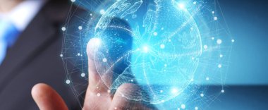 Avrupa haritası ağ hologramı 3D görüntüleme kullanarak bulanık arkaplan üzerinde çalışan işadamı