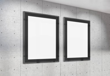 Ofis duvarında asılı iki dikey çerçeve. Modern beton şirketinin 3D döşeme içindeki reklam panolarının maketi