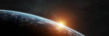 Panoramik gezegen Dünya arka planı. Güneşin doğuşu sırasındaki uzay manzarası NASA tarafından desteklenen bu görüntünün 3 boyutlu görüntüleme elementleri