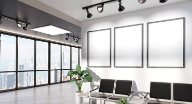 Beton ofis bekleme odasında asılı üç dikey çerçeve. Modern beton döşeme 3D reklam panolarının maketi