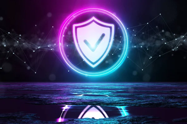 Dijital siber güvenlik holografik ikonu dairesel olarak yeri mavi ve pembe neon ışıkla aydınlatıyor.