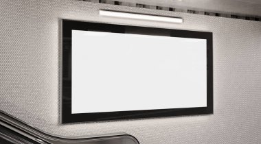 Panoramik 2: 1 yer altı metro duvarında parlayan reklam panosu Mockup. İstasyon duvarına 3 boyutlu reklam istiflemek