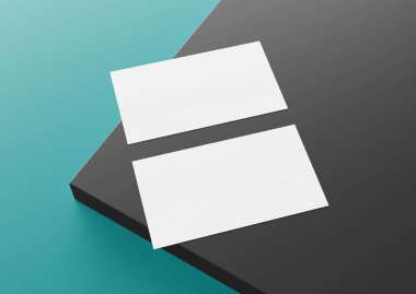 Mavi ve gri arka planda iki beyaz Amerikan kartviziti Mockup. Ön ve arka renkli yüzey 3D görüntüleme üzerinde Amerikan büyüklüğünde kartvizit