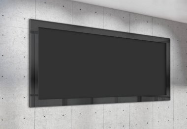 Panoramik çerçeve ofis duvarında asılı duruyor. Modern şirket iç mimarisi 3D 'deki bir reklam panosunun maketi