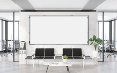 Panoramik çerçeve, ofis bekleme odasında asılı duruyor. Modern beton döşemeli bir reklam panosunun şablonu