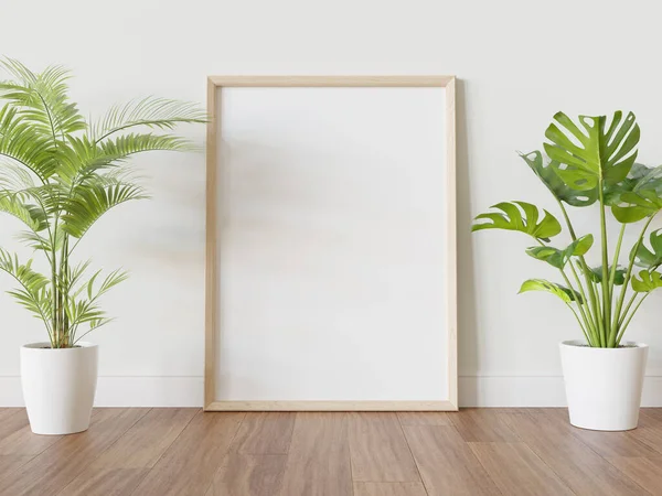 Wooden frame leaning on floor in interior with plants mockup. Template of a picture framed on a wall 3D rendering