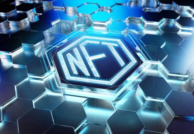 Mavi metal altıgen arka planda NFT karşılanamaz jetonlar konsepti. Soyut dijital yüzeyde NFT logosu. 3d oluşturma