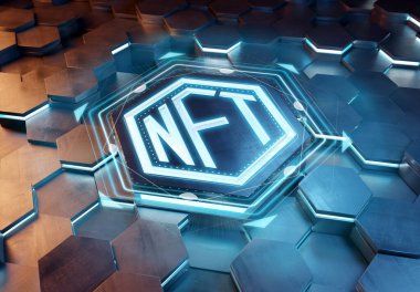 Mavi ve turuncu metal altıgen arka planda NFT karşılanamaz jetonlar konsepti. Soyut dijital yüzeyde NFT logosu. 3d oluşturma