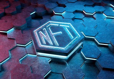 Mavi ve pembe metal altıgen arka planda NFT karşılanamaz jetonlar konsepti. Soyut dijital yüzeyde NFT logosu. 3d oluşturma