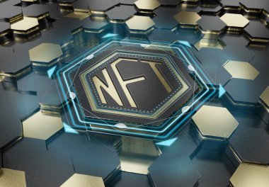 Altın ve siyah metal altıgen zemin üzerine NFT karşılanamaz jetonlar konsepti. Soyut dijital yüzeyde NFT logosu. 3d oluşturma