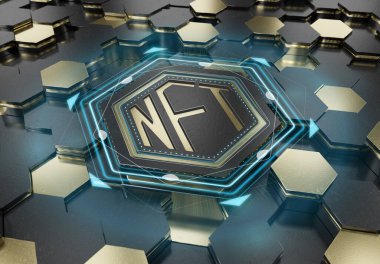NFT nonfungible tokens concept on gold and black metal hexagonal background. NFT Logo on abstract digital surface. 3d rendering clipart