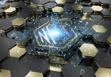 Altın ve siyah metal altıgen zemin üzerine NFT karşılanamaz jetonlar konsepti. Soyut dijital yüzeyde NFT logosu. 3d oluşturma