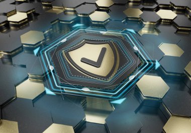 Siyah ve altın renkli altıgen kaidesel arkaplana kazınmış kalkan simgesi konsepti. Güvenlik logosu soyut dijital yüzeyde parlıyor. 3d oluşturma