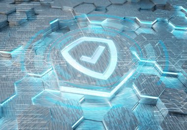 Beyaz ve mavi metal altıgen arkaplana kazınmış bir kalkan simgesi konsepti. Güvenlik logosu soyut dijital yüzeyde parlıyor. 3d oluşturma